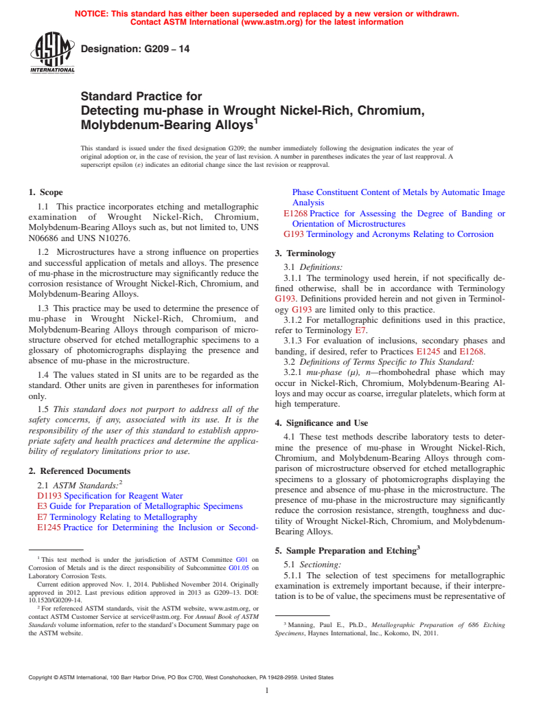 ASTM G209-14 - Standard Practice for Detecting mu-phase in Wrought Nickel-Rich, Chromium, Molybdenum-Bearing  Alloys