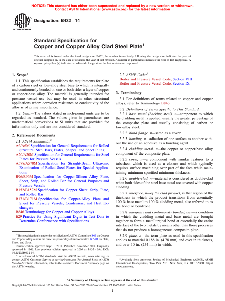 ASTM B432-14 - Standard Specification for Copper and Copper Alloy Clad Steel Plate