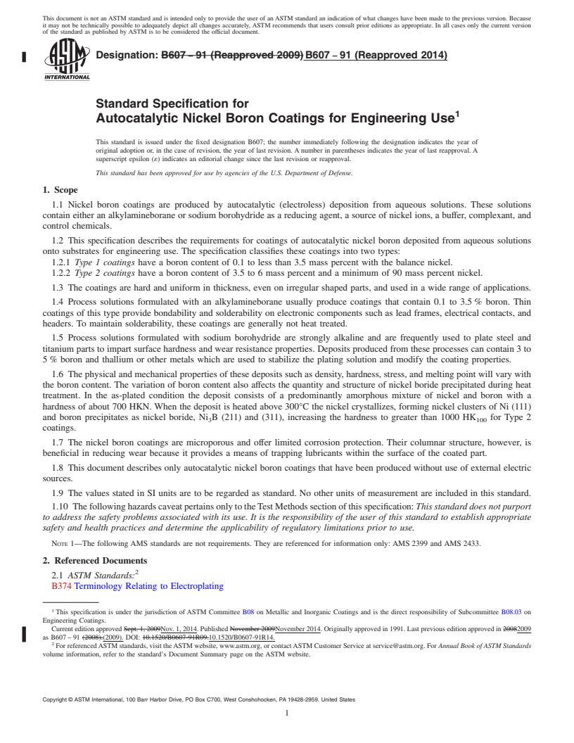 REDLINE ASTM B607-91(2014) - Standard Specification for  Autocatalytic Nickel Boron Coatings for Engineering Use