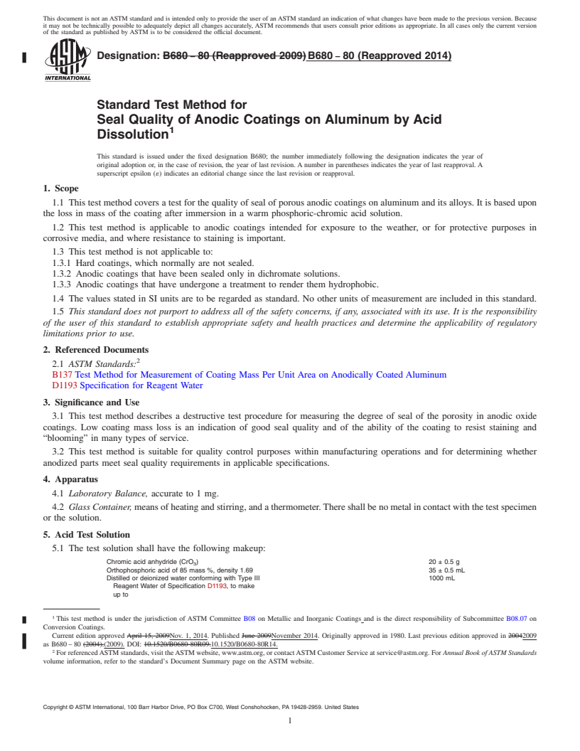 REDLINE ASTM B680-80(2014) - Standard Test Method for  Seal Quality of Anodic Coatings on Aluminum by Acid Dissolution