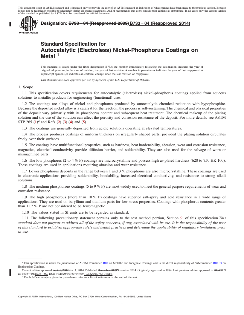 REDLINE ASTM B733-04(2014) - Standard Specification for  Autocatalytic (Electroless) Nickel-Phosphorus Coatings on Metal