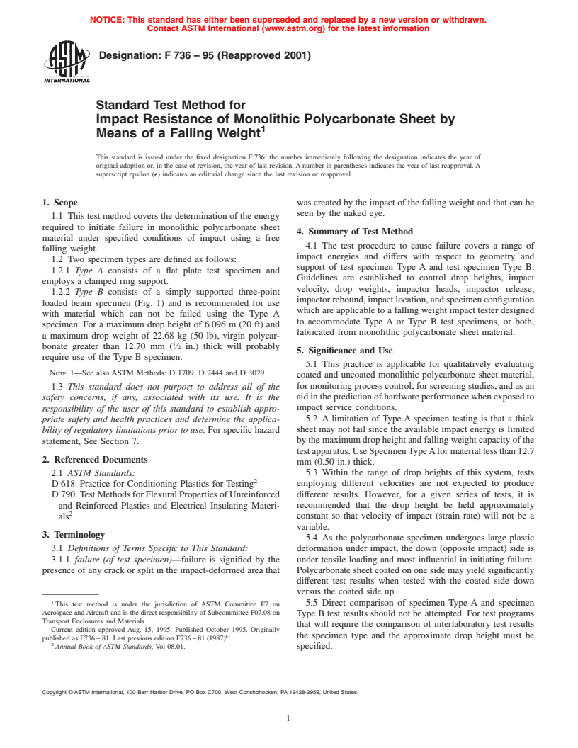 ASTM F736-95(2001) - Standard Test Method for Impact Resistance of Monolithic Polycarbonate Sheet by Means of a Falling Weight