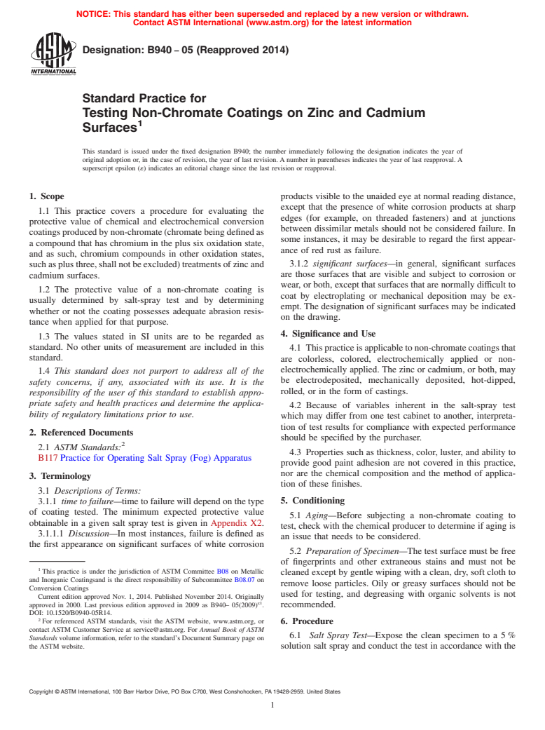 ASTM B940-05(2014) - Standard Practice for  Testing Non-Chromate Coatings on Zinc and Cadmium Surfaces