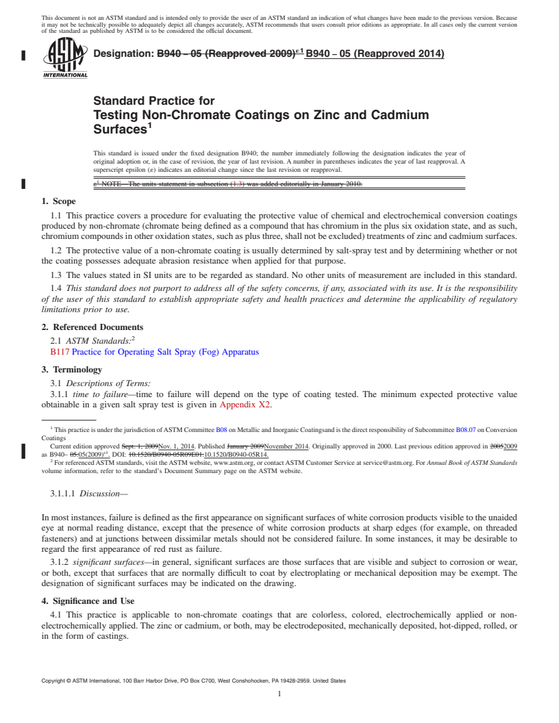 REDLINE ASTM B940-05(2014) - Standard Practice for  Testing Non-Chromate Coatings on Zinc and Cadmium Surfaces