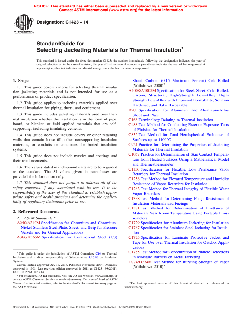 ASTM C1423-14 - Standard Guide for  Selecting Jacketing Materials for Thermal Insulation