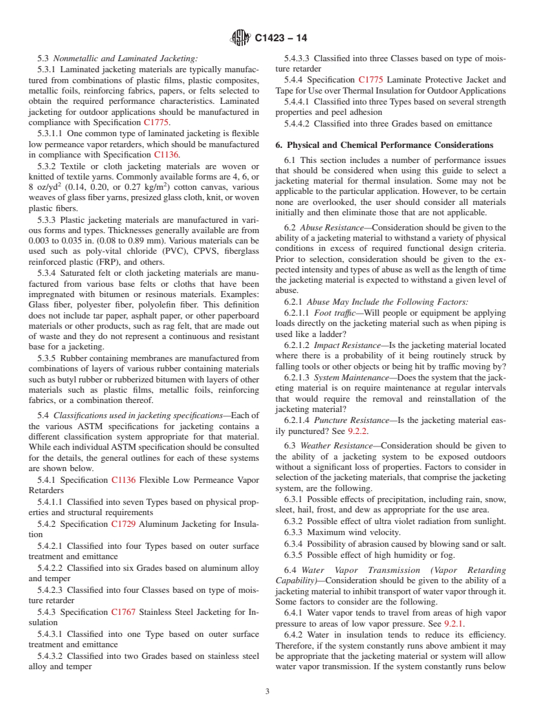 ASTM C1423-14 - Standard Guide for  Selecting Jacketing Materials for Thermal Insulation