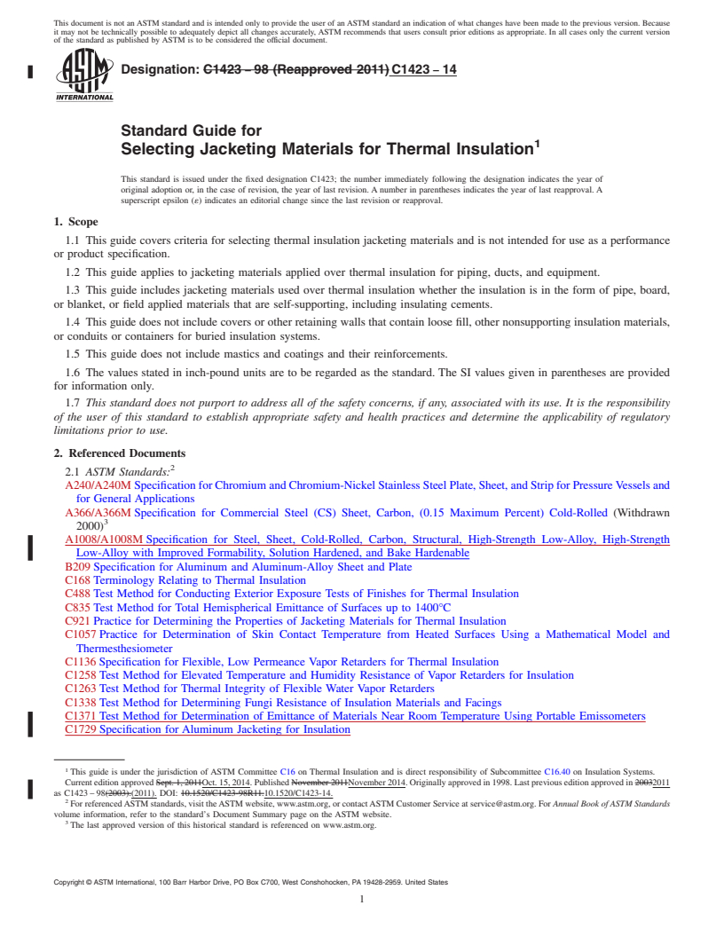 REDLINE ASTM C1423-14 - Standard Guide for  Selecting Jacketing Materials for Thermal Insulation