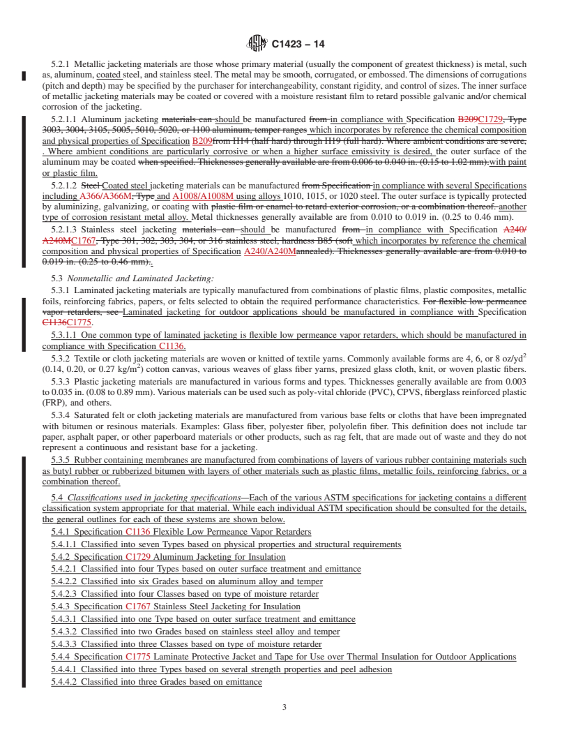 REDLINE ASTM C1423-14 - Standard Guide for  Selecting Jacketing Materials for Thermal Insulation