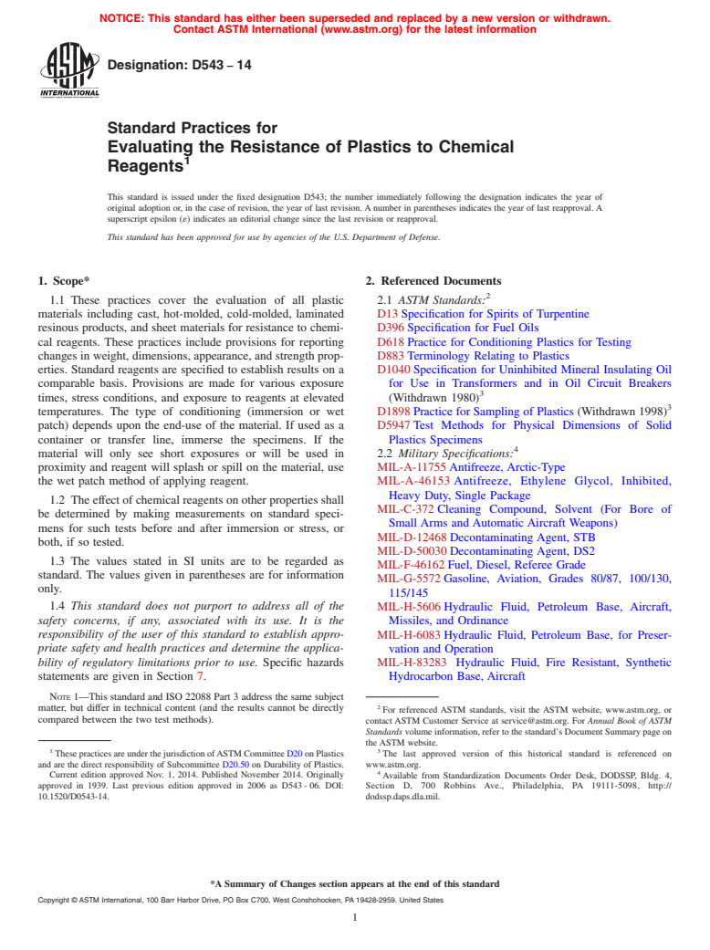 ASTM D543-14 - Standard Practices for  Evaluating the Resistance of Plastics to Chemical Reagents