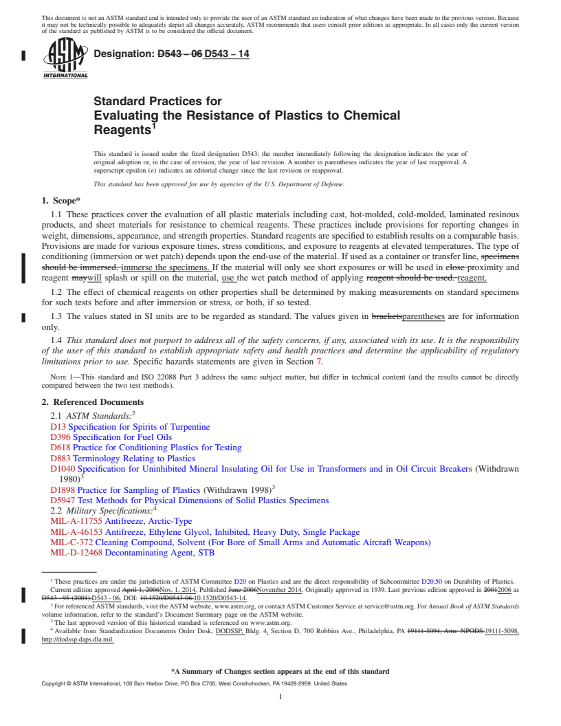 REDLINE ASTM D543-14 - Standard Practices for  Evaluating the Resistance of Plastics to Chemical Reagents