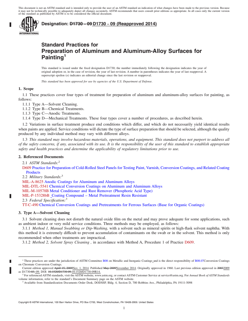 REDLINE ASTM D1730-09(2014) - Standard Practices for  Preparation of Aluminum and Aluminum-Alloy Surfaces for Painting