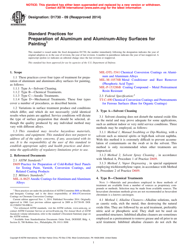 ASTM D1730-09(2014) - Standard Practices for  Preparation of Aluminum and Aluminum-Alloy Surfaces for Painting