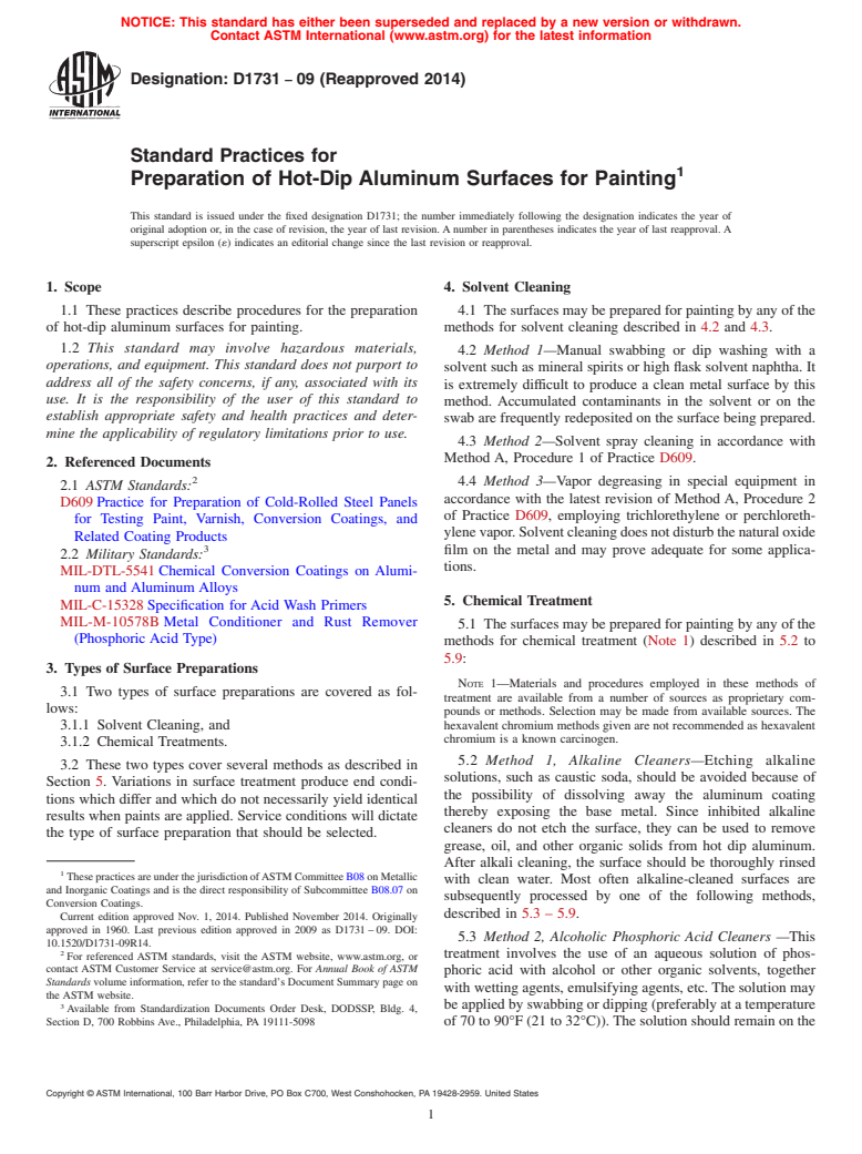 ASTM D1731-09(2014) - Standard Practices for  Preparation of Hot-Dip Aluminum Surfaces for Painting