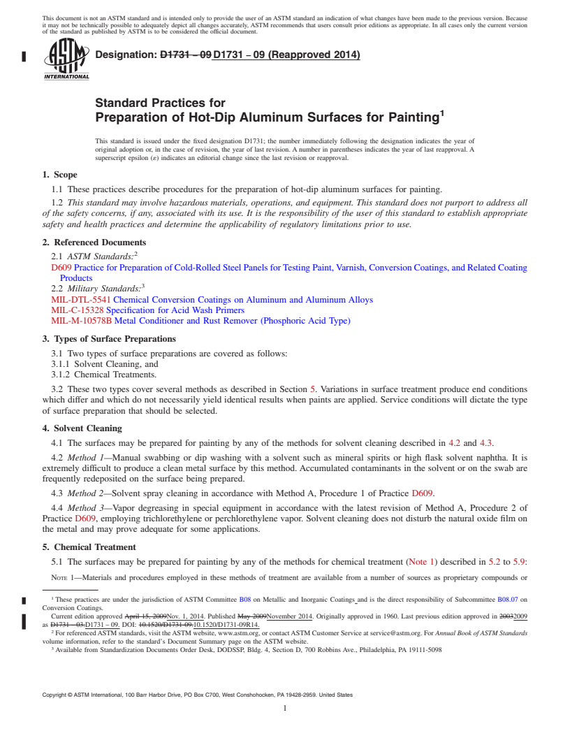 REDLINE ASTM D1731-09(2014) - Standard Practices for  Preparation of Hot-Dip Aluminum Surfaces for Painting