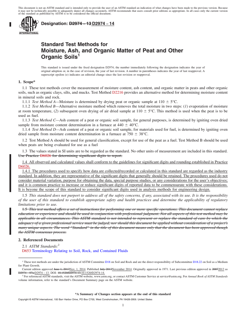 REDLINE ASTM D2974-14 - Standard Test Methods for  Moisture, Ash, and Organic Matter of Peat and Other Organic  Soils