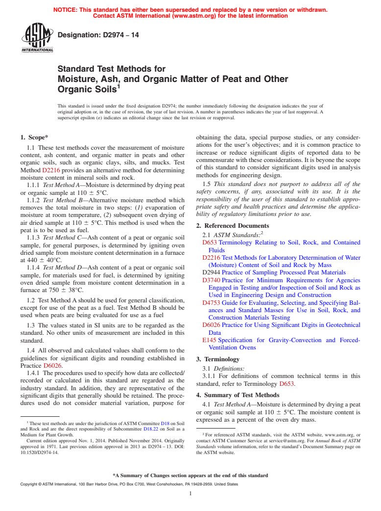 ASTM D2974-14 - Standard Test Methods for  Moisture, Ash, and Organic Matter of Peat and Other Organic  Soils
