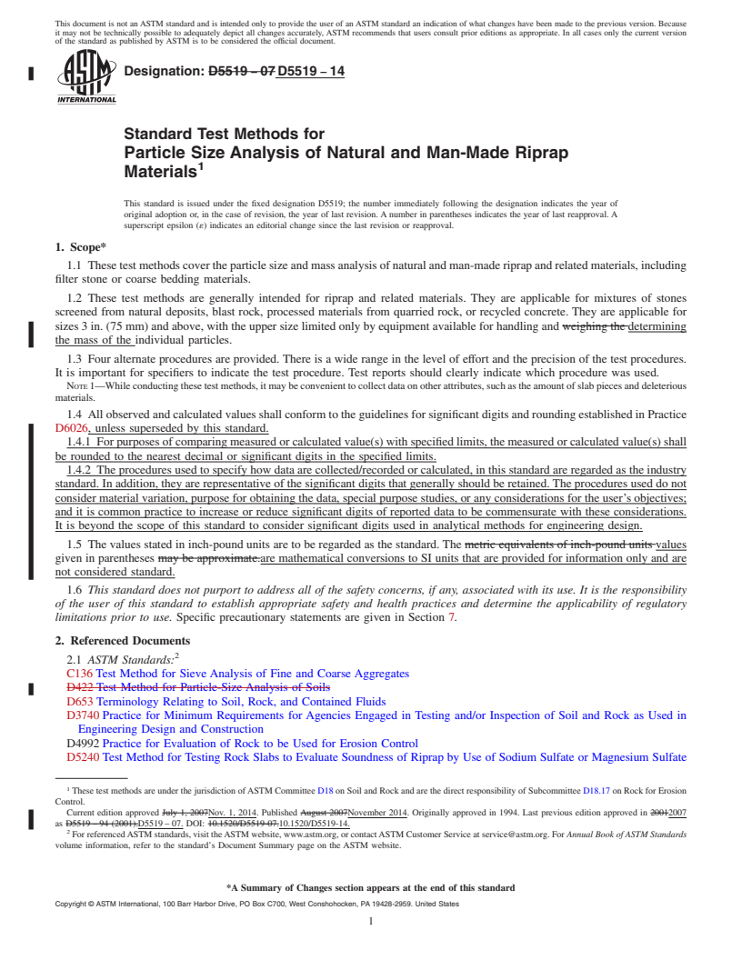 REDLINE ASTM D5519-14 - Standard Test Methods for  Particle Size Analysis of Natural and Man-Made Riprap Materials