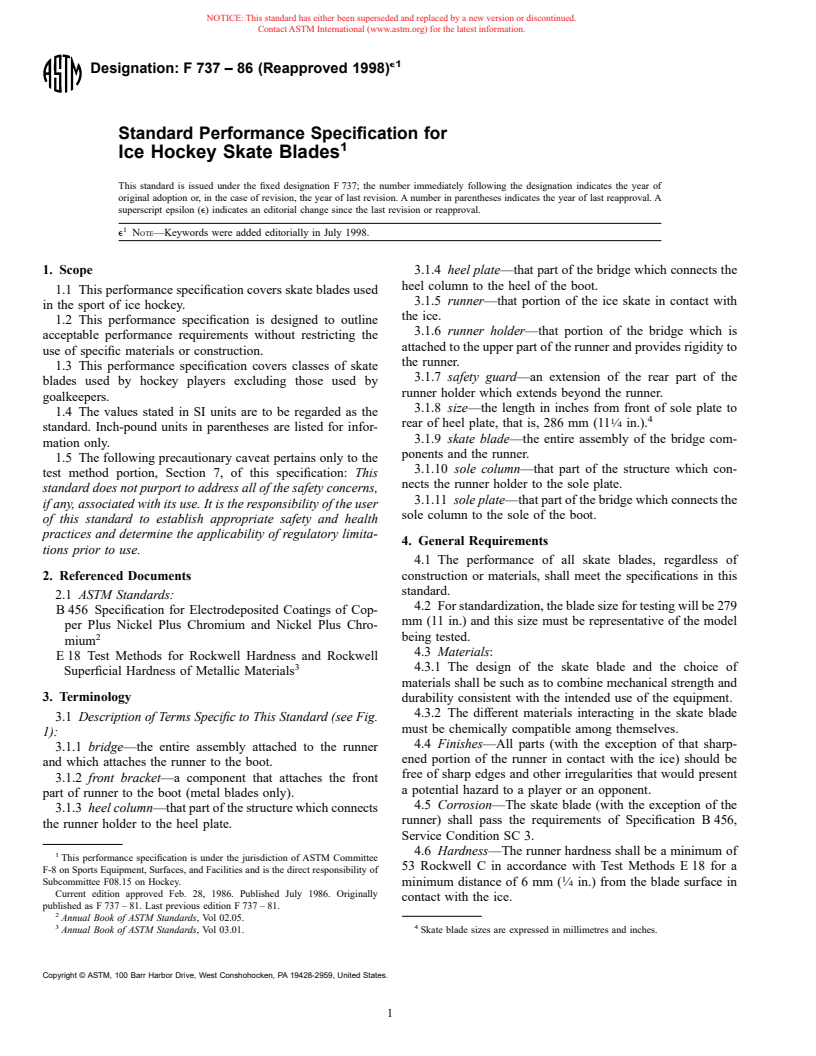 ASTM F737-86(1998)e1 - Standard Performance Specification for Ice Hockey Skate Blades (Withdrawn 2002)