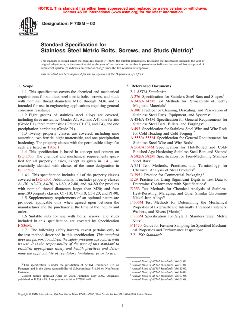 ASTM F738M-02 - Standard Specification for Stainless Steel Metric Bolts, Screws, and Studs