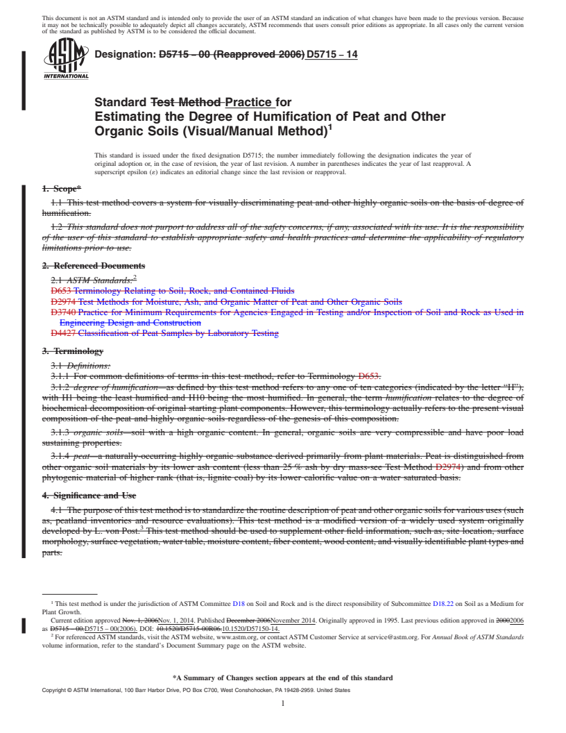 REDLINE ASTM D5715-14 - Standard Practice for Estimating the Degree of Humification of Peat and Other Organic  Soils  (Visual/Manual Method)