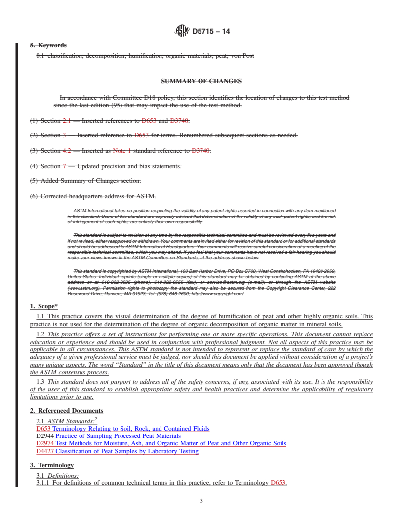 REDLINE ASTM D5715-14 - Standard Practice for Estimating the Degree of Humification of Peat and Other Organic  Soils  (Visual/Manual Method)