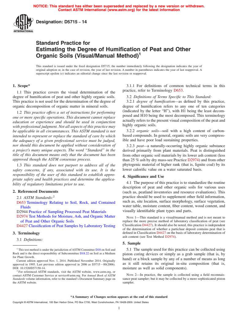 ASTM D5715-14 - Standard Practice for Estimating the Degree of Humification of Peat and Other Organic  Soils  (Visual/Manual Method)