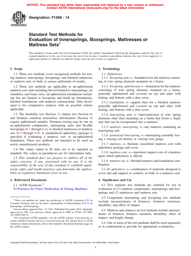 ASTM F1566-14 - Standard Test Methods for  Evaluation of Innersprings, Boxsprings, Mattresses or Mattress  Sets