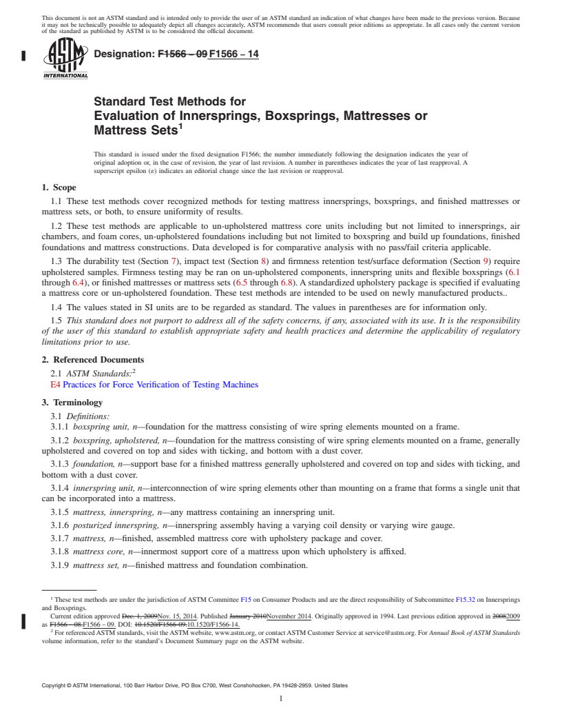REDLINE ASTM F1566-14 - Standard Test Methods for  Evaluation of Innersprings, Boxsprings, Mattresses or Mattress  Sets