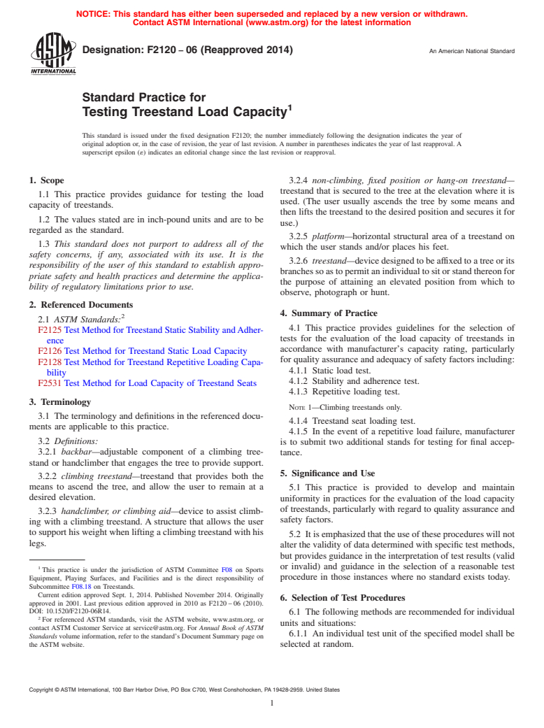 ASTM F2120-06(2014) - Standard Practice for Testing Treestand Load Capacity (Withdrawn 2019)