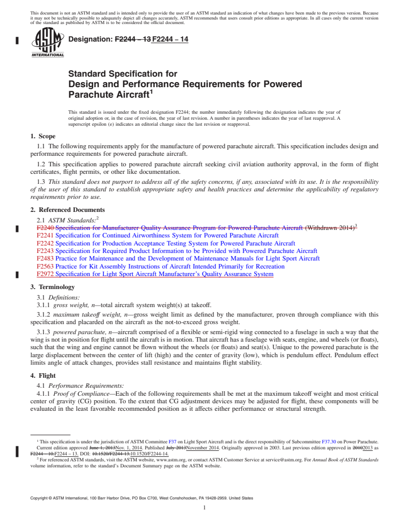 REDLINE ASTM F2244-14 - Standard Specification for Design and Performance Requirements for Powered Parachute Aircraft