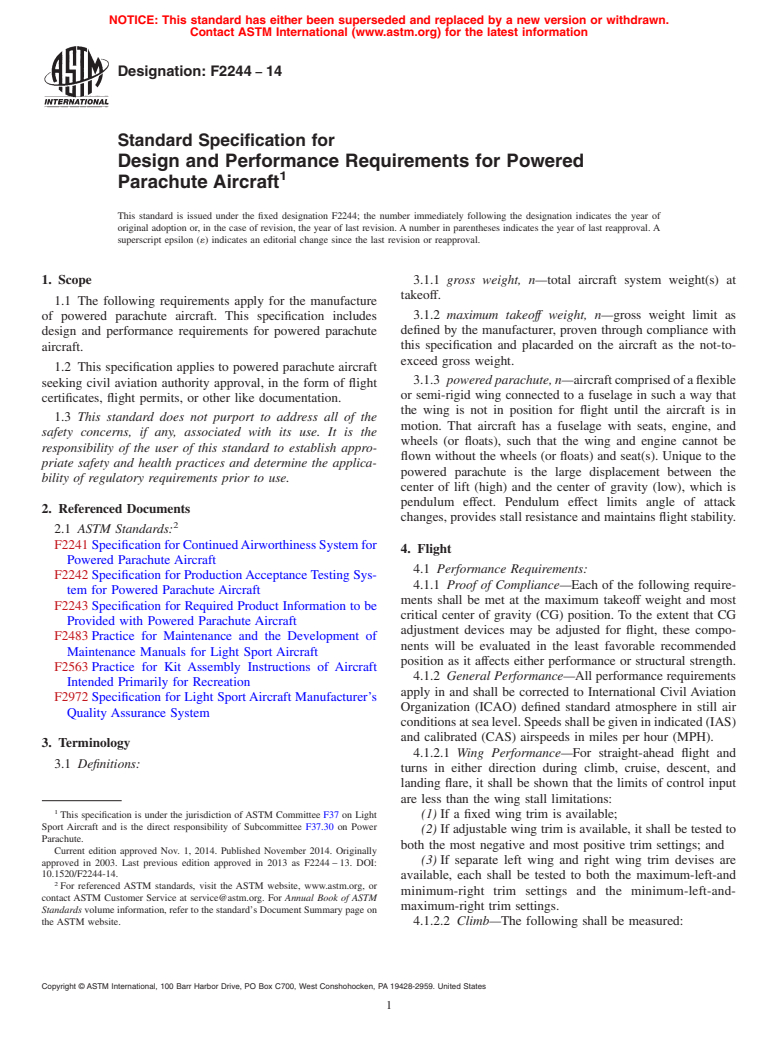 ASTM F2244-14 - Standard Specification for Design and Performance Requirements for Powered Parachute Aircraft