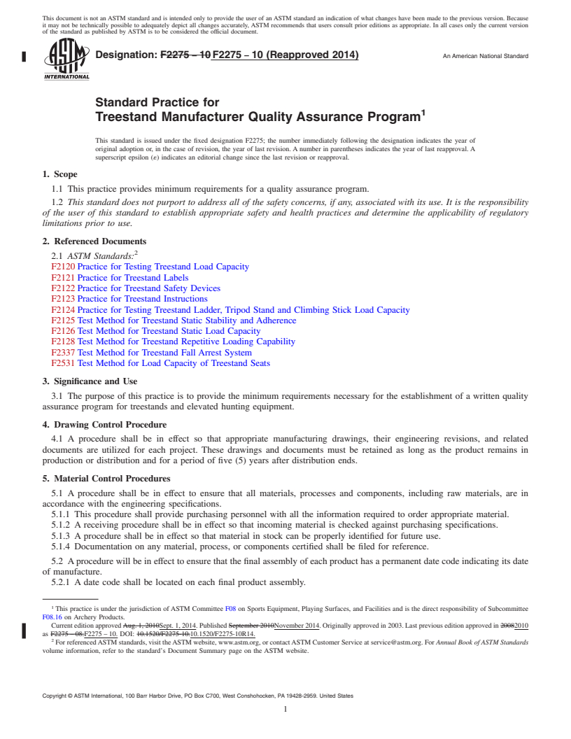 REDLINE ASTM F2275-10(2014) - Standard Practice for  Treestand Manufacturer Quality Assurance Program