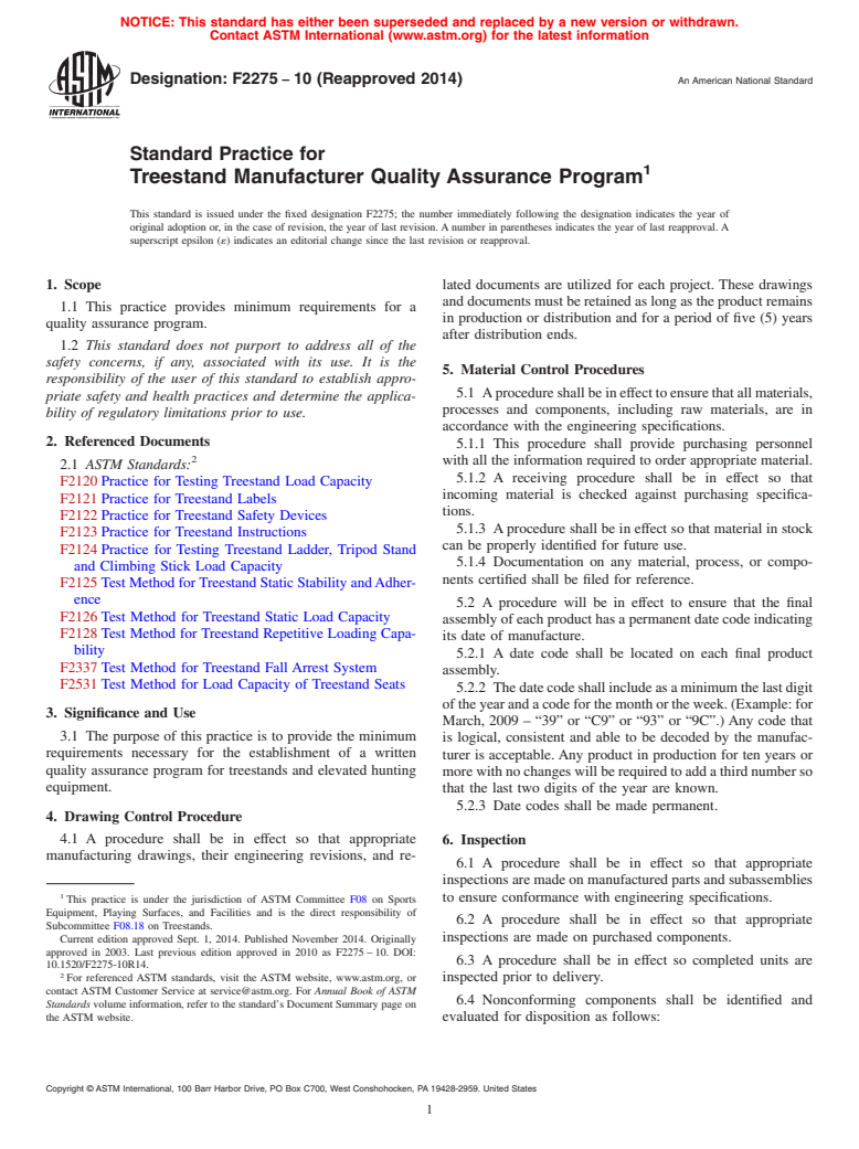 ASTM F2275-10(2014) - Standard Practice for  Treestand Manufacturer Quality Assurance Program