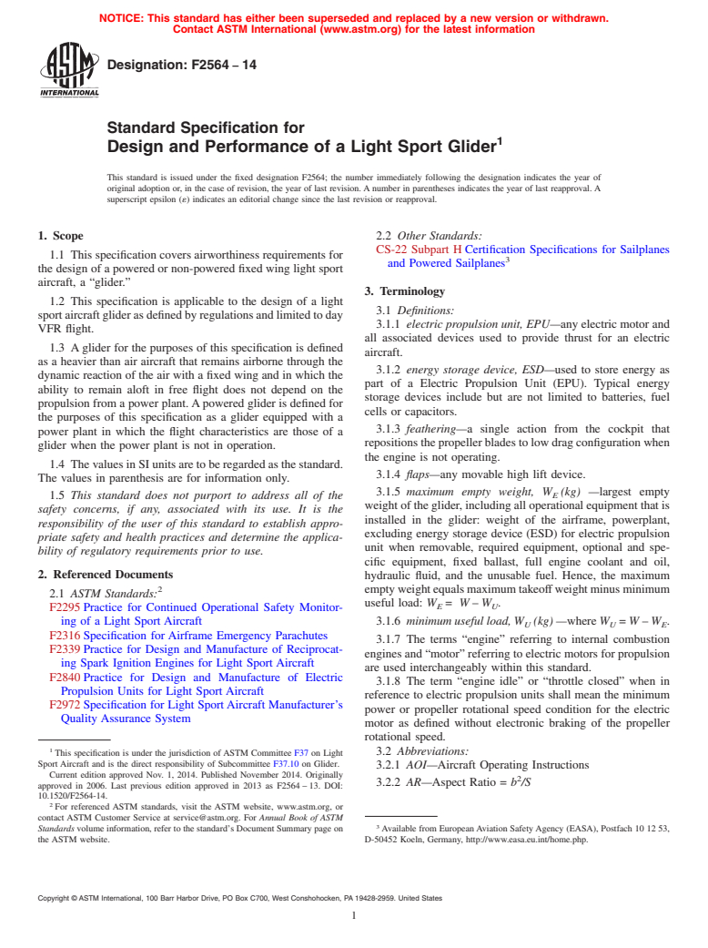 ASTM F2564-14 - Standard Specification for Design and Performance of a Light Sport Glider