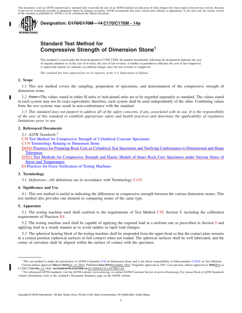 REDLINE ASTM C170/C170M-14a - Standard Test Method for  Compressive Strength of Dimension Stone