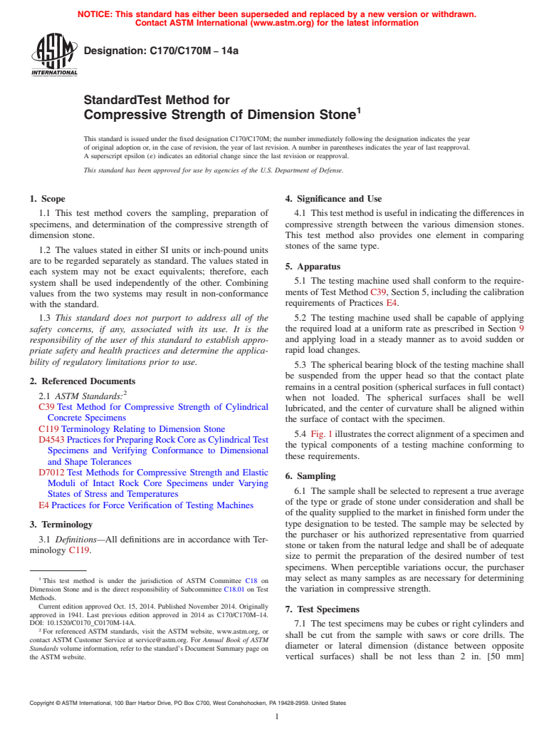 ASTM C170/C170M-14a - Standard Test Method for  Compressive Strength of Dimension Stone