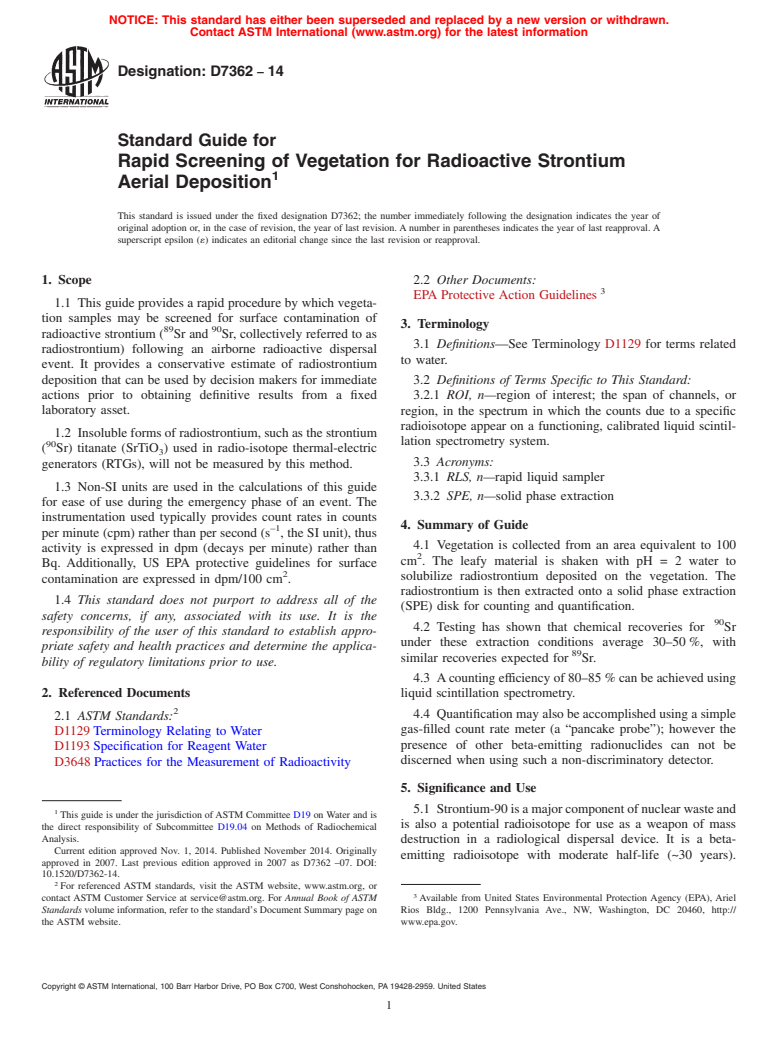 ASTM D7362-14 - Standard Guide for  Rapid Screening of Vegetation for Radioactive Strontium Aerial  Deposition (Withdrawn 2023)