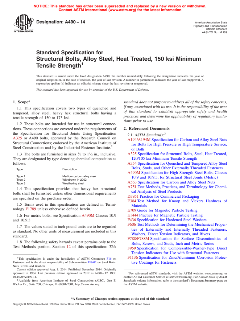 ASTM A490-14 - Standard Specification for  Structural Bolts, Alloy Steel, Heat Treated, 150 ksi Minimum   Tensile Strength