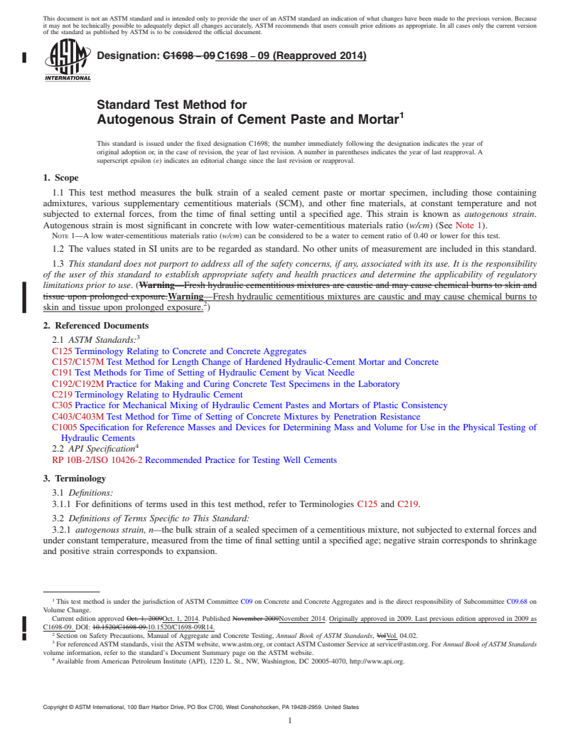 REDLINE ASTM C1698-09(2014) - Standard Test Method for  Autogenous Strain of Cement Paste and Mortar