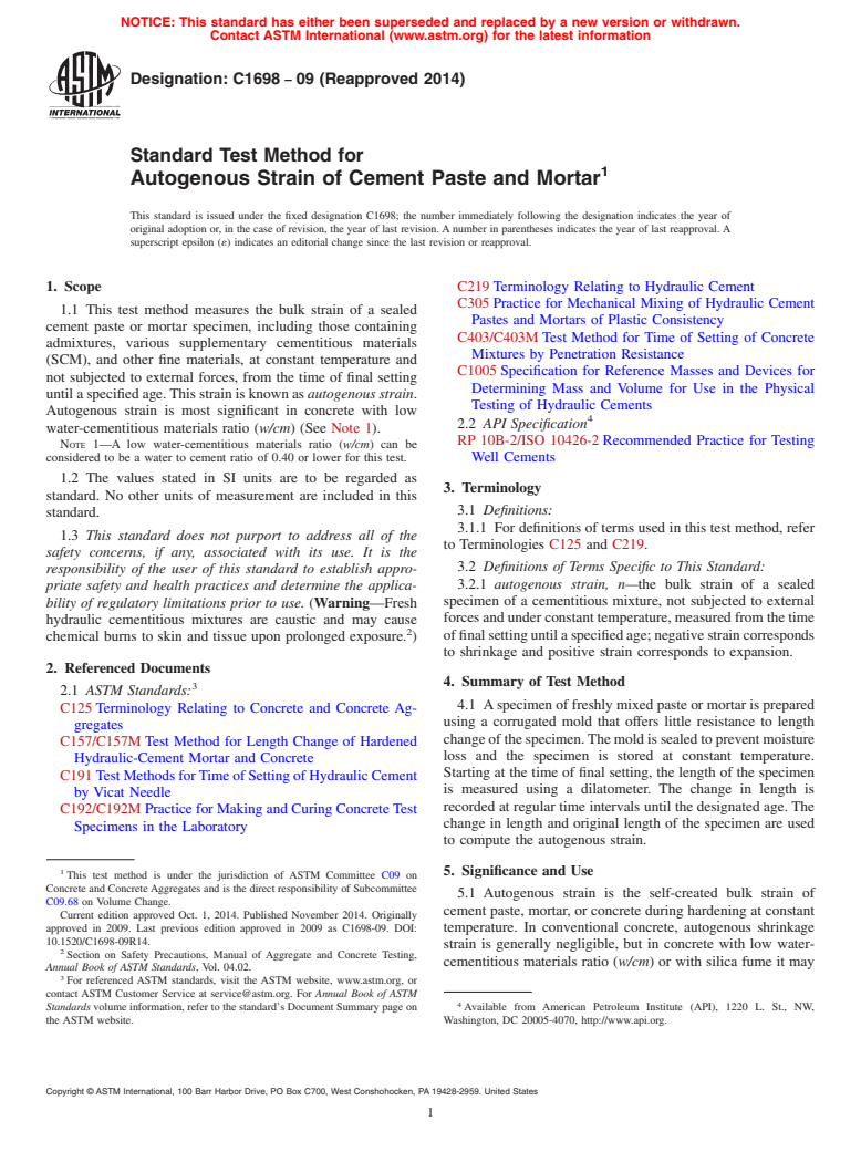 ASTM C1698-09(2014) - Standard Test Method for  Autogenous Strain of Cement Paste and Mortar