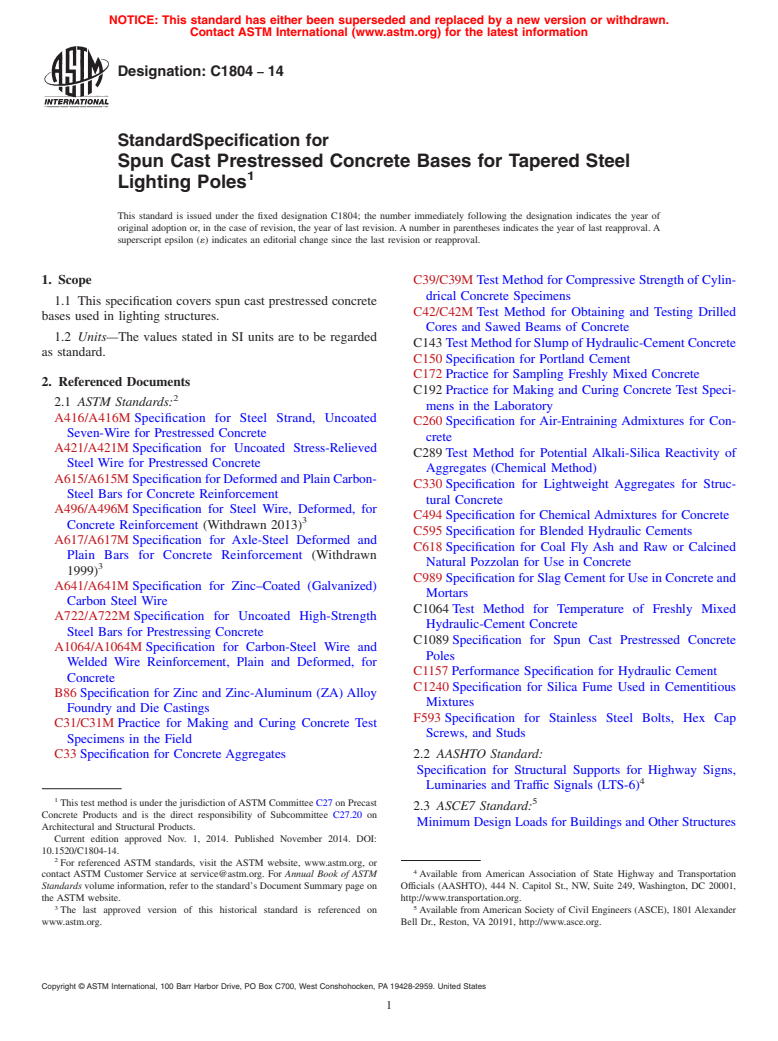 ASTM C1804-14 - Standard Specification for Spun Cast Prestressed Concrete Bases for Tapered Steel Lighting  Poles