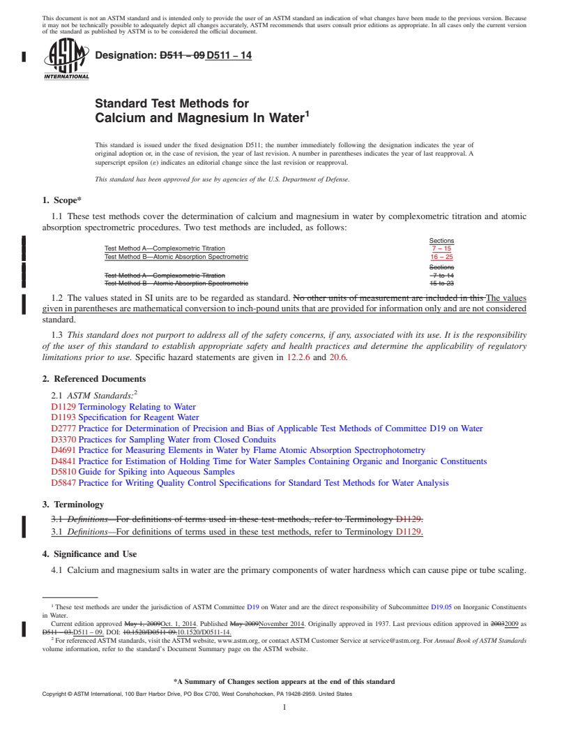 REDLINE ASTM D511-14 - Standard Test Methods for  Calcium and Magnesium In Water