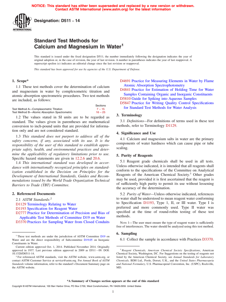 ASTM D511-14 - Standard Test Methods for  Calcium and Magnesium In Water