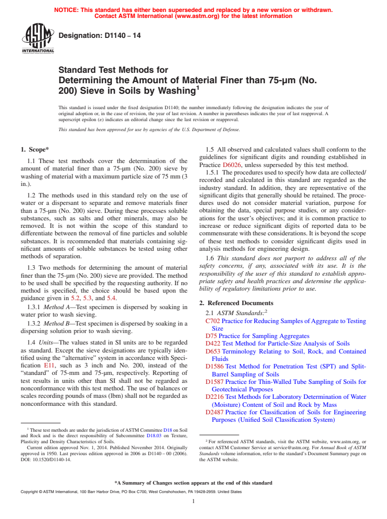 ASTM D1140-14 - Standard Test Methods for  Determining the Amount of Material Finer than 75-&mu;m (No.  200) Sieve in Soils by Washing
