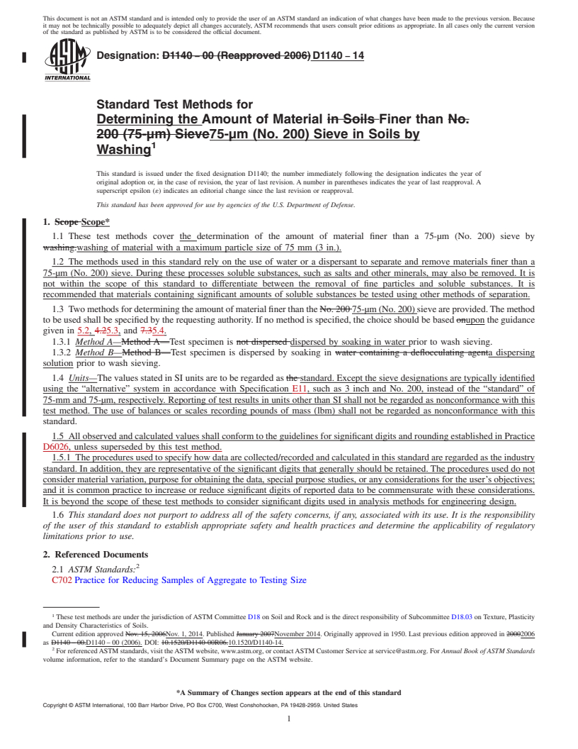 REDLINE ASTM D1140-14 - Standard Test Methods for  Determining the Amount of Material Finer than 75-&mu;m (No.  200) Sieve in Soils by Washing