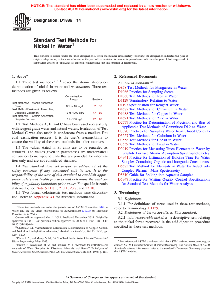 ASTM D1886-14 - Standard Test Methods for  Nickel in Water