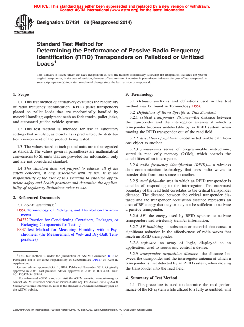 ASTM D7434-08(2014) - Standard Test Method for  Determining the Performance of Passive Radio Frequency Identification   (RFID) Transponders on Palletized or Unitized Loads (Withdrawn 2018)