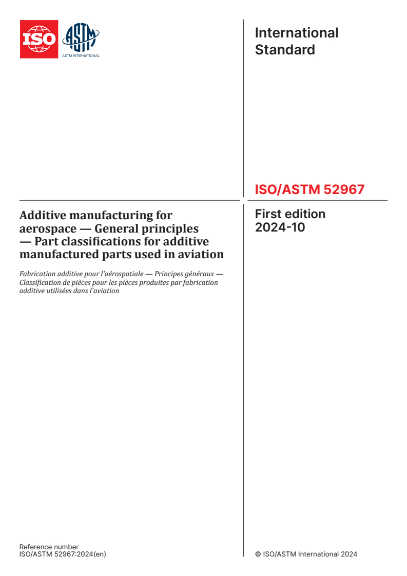 ISO/ASTM 52967:2024 - Additive manufacturing for aerospace — General principles — Part classifications for additive manufactured parts used in aviation
Released:1. 10. 2024