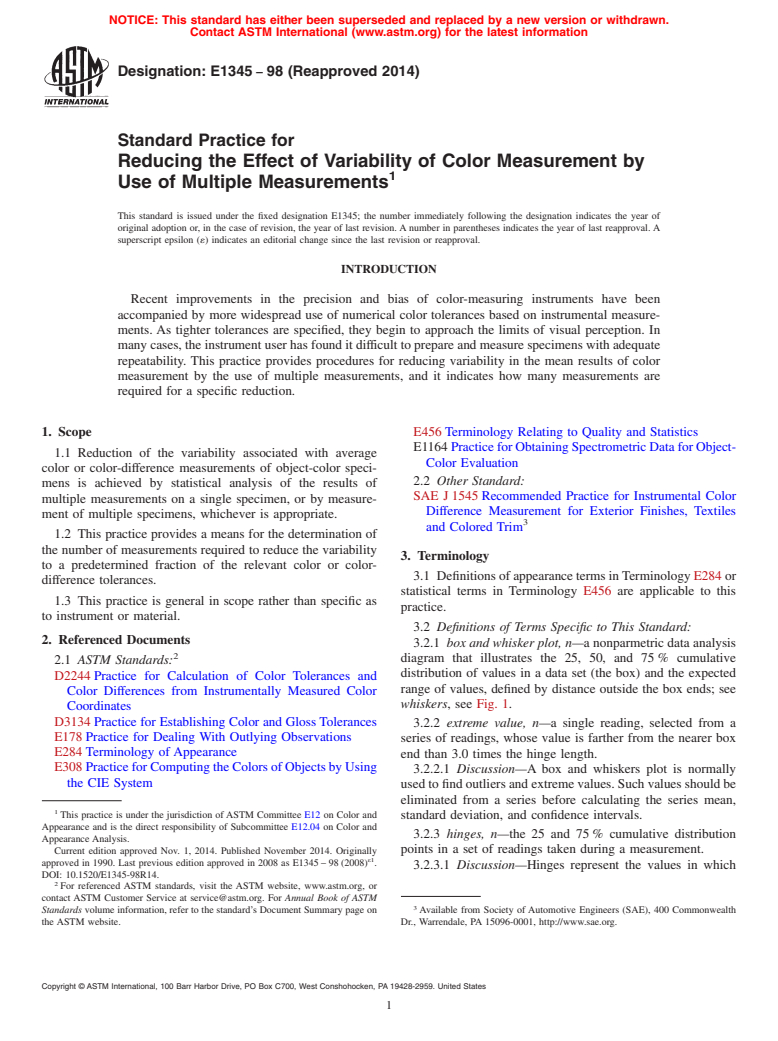 ASTM E1345-98(2014) - Standard Practice for Reducing the Effect of Variability of Color Measurement by   Use of Multiple    Measurements