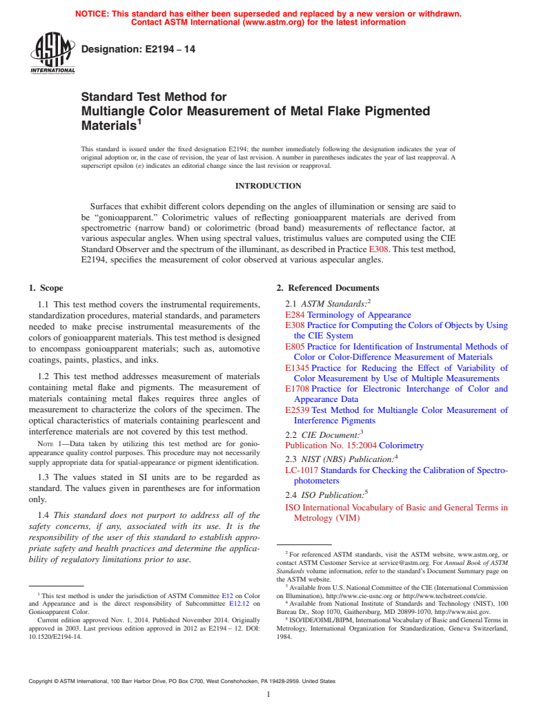 ASTM E2194-14 - Standard Test Method for Multiangle Color Measurement of Metal Flake Pigmented Materials